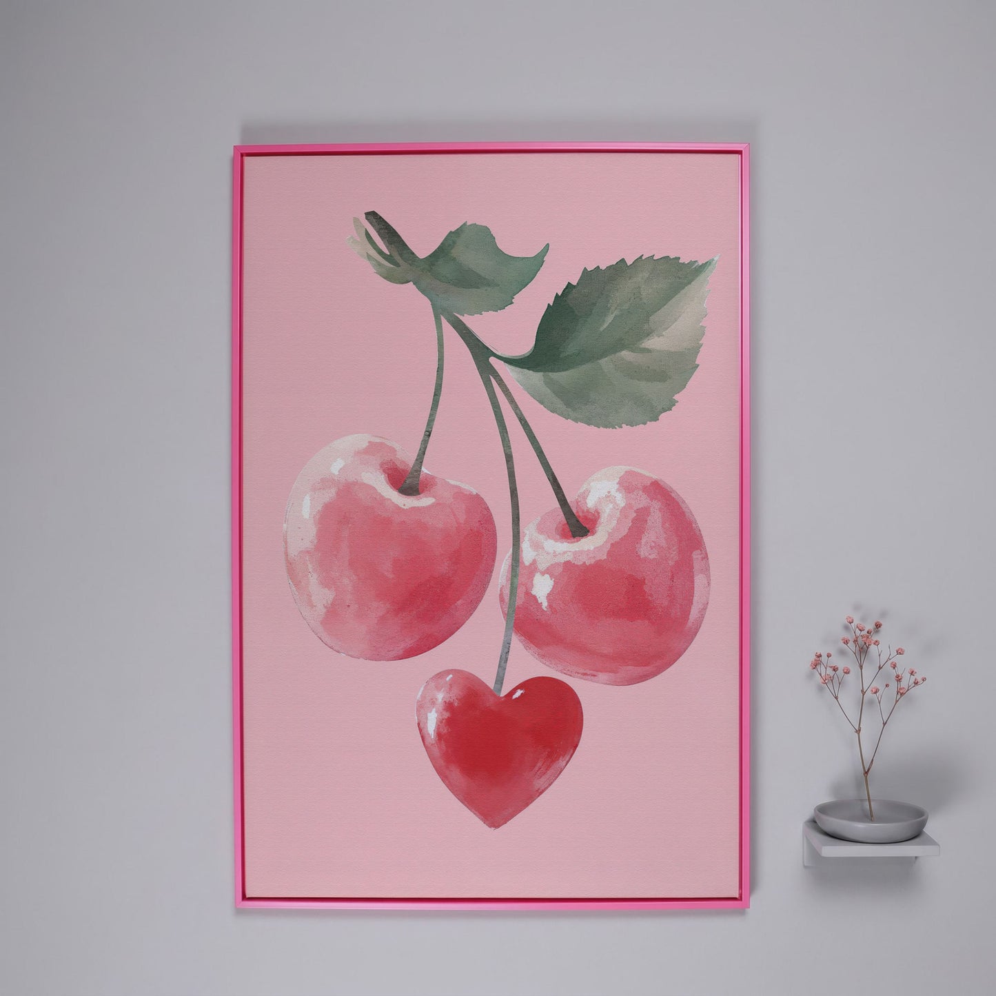 Romantic Cherry Canvas Print with Heart Detail in pink floating frame