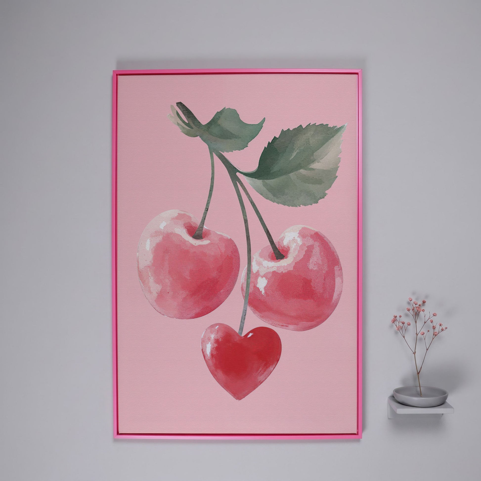 Romantic Cherry Canvas Print with Heart Detail in pink floating frame