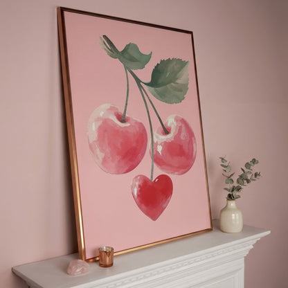 Romantic Cherry Canvas Print with Heart Detail in rose gold floating frame