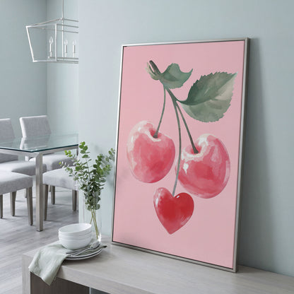 Romantic Cherry Canvas Print with Heart Detail in silver floating frame