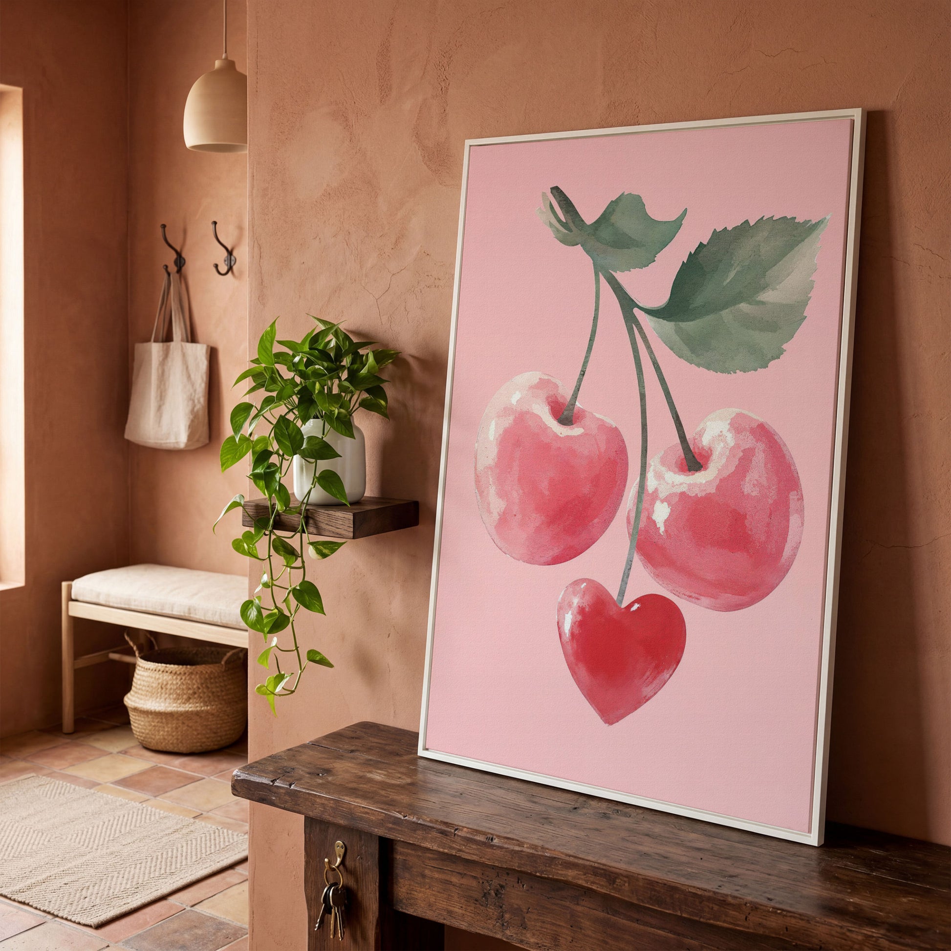Romantic Cherry Canvas Print with Heart Detail in white floating frame
