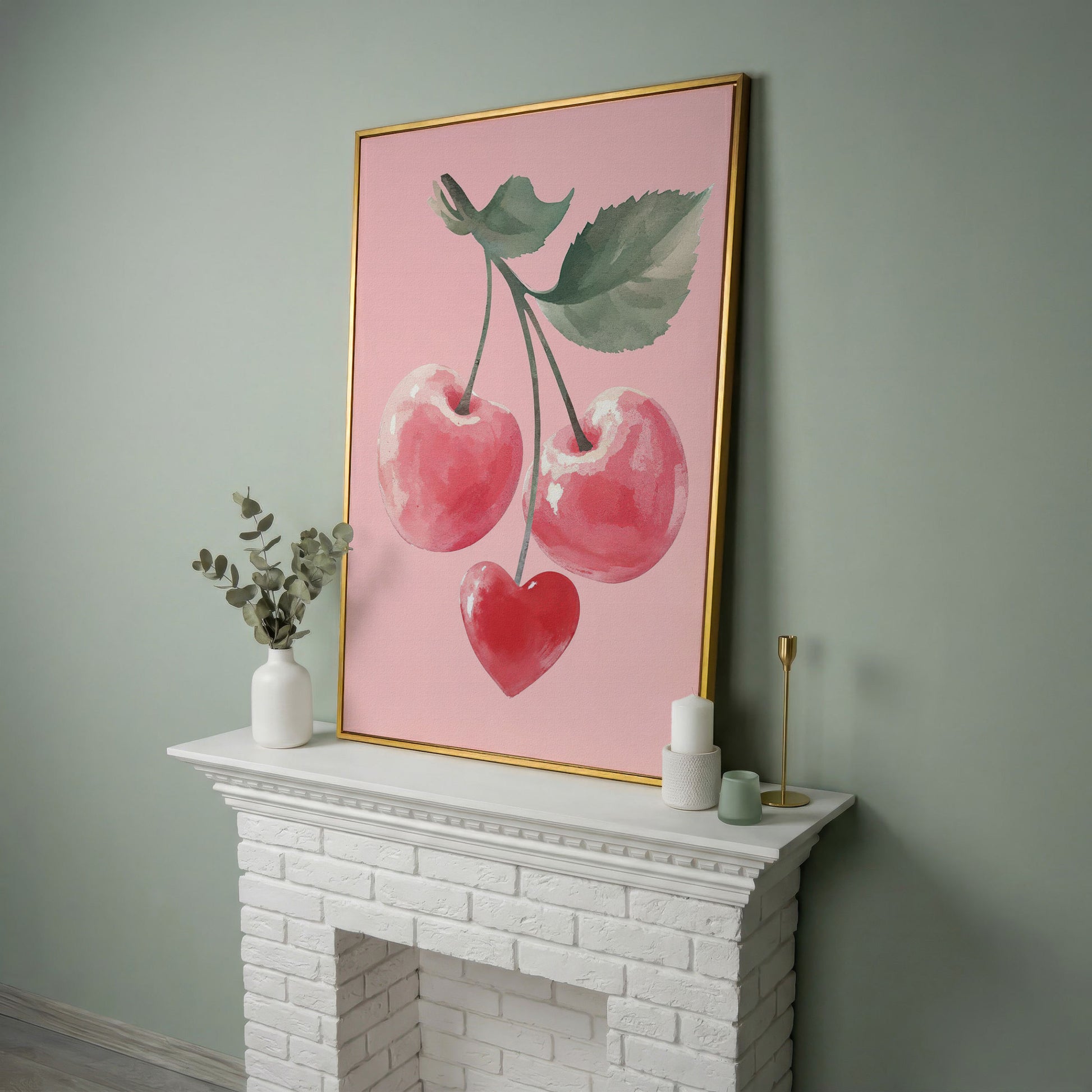 Romantic Cherry Canvas Print with Heart Detail in yellow gold floating frame