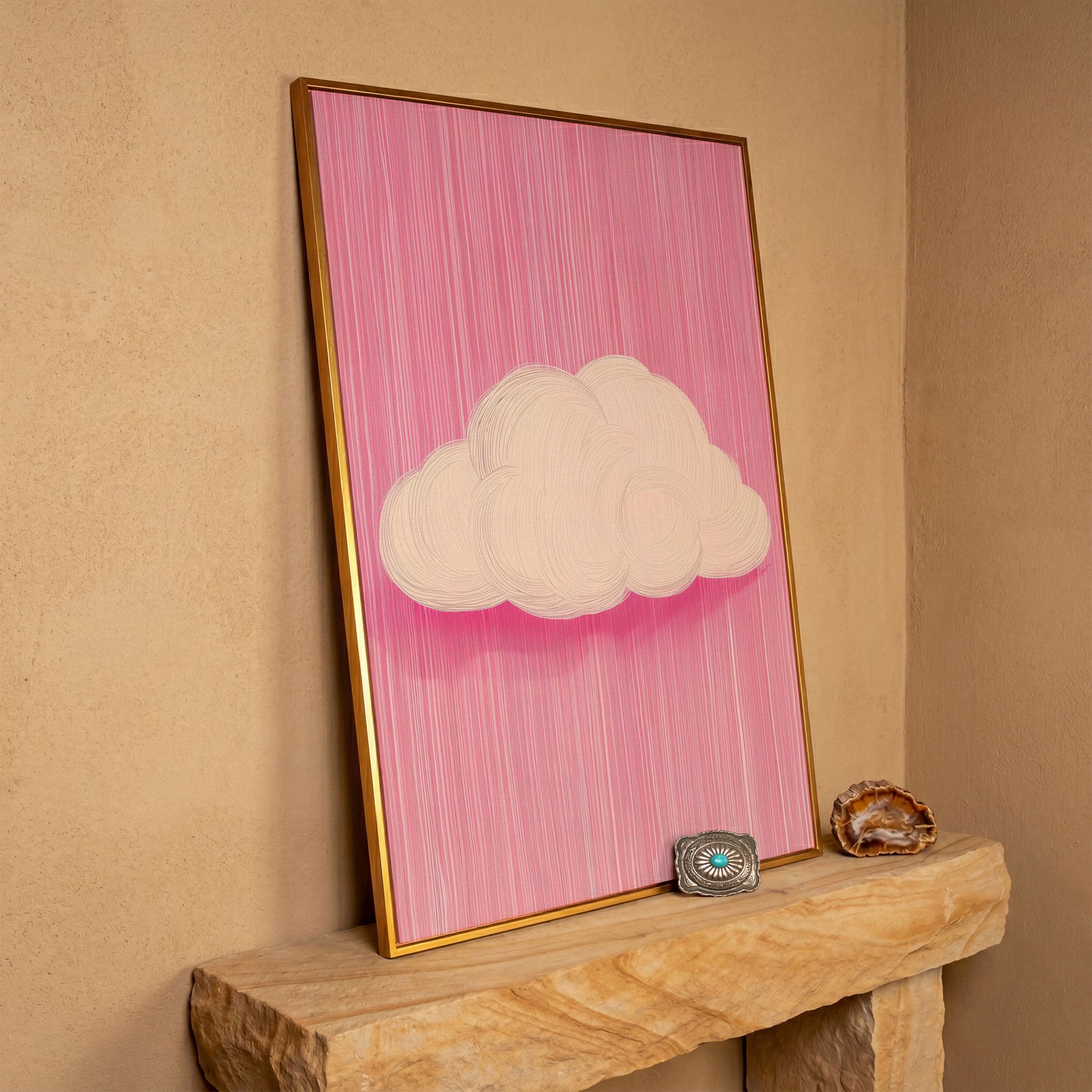 Pink Cloud Canvas with Striped Rose Ground in antique gold floating frame
