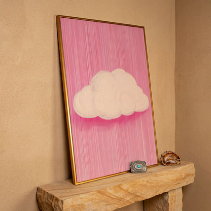 Pink Cloud Canvas with Striped Rose Ground in antique gold floating frame