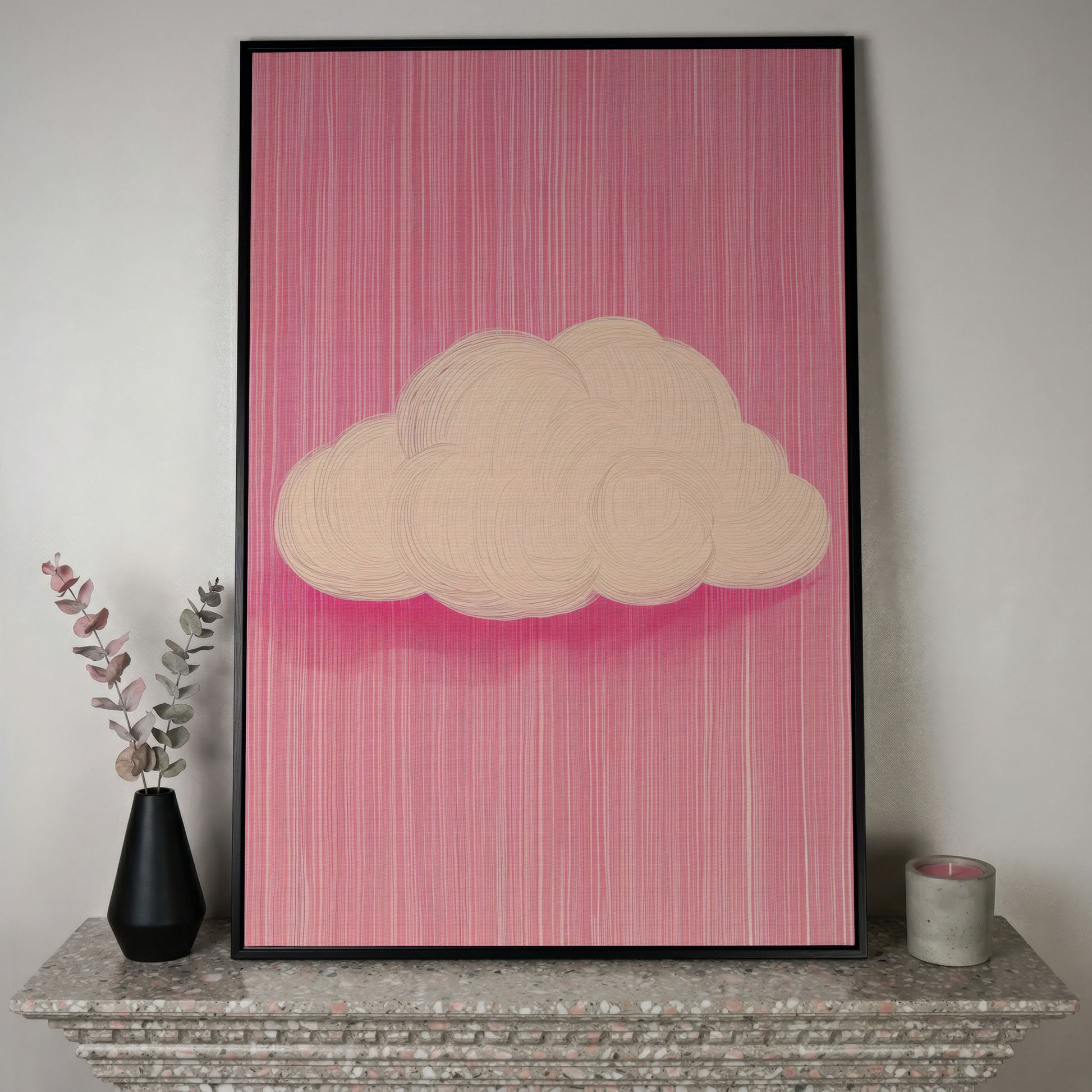 Pink Cloud Canvas with Striped Rose Ground in black floating frame