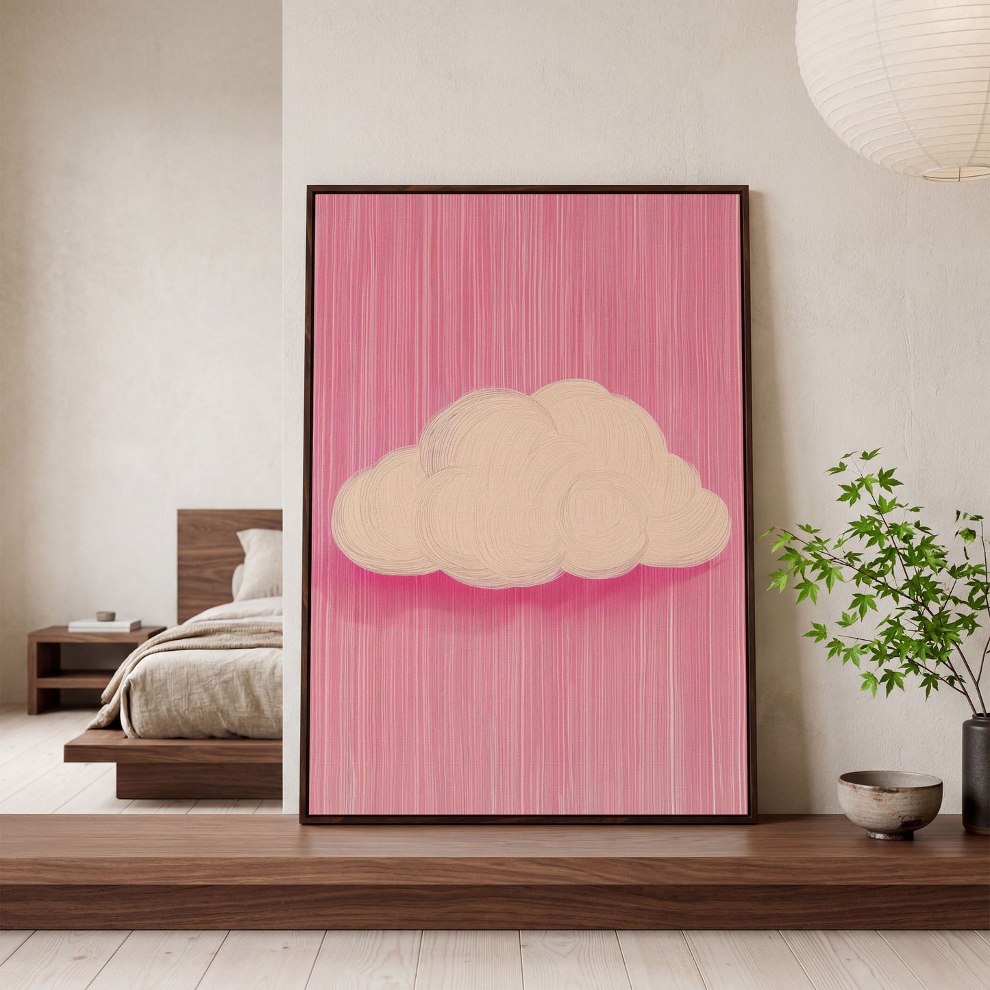 Pink Cloud Canvas with Striped Rose Ground in dark walnut floating frame
