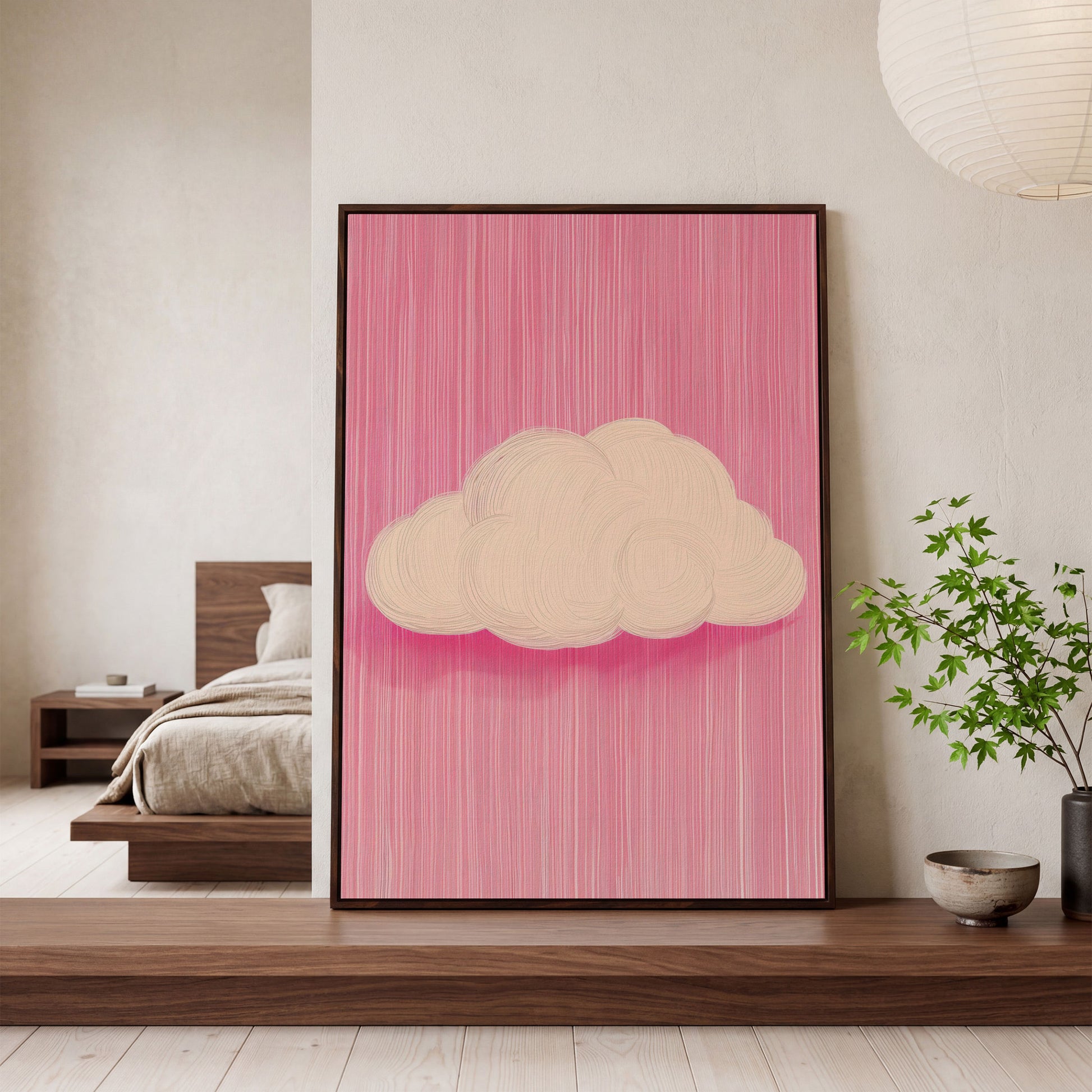 Pink Cloud Canvas with Striped Rose Ground in dark walnut floating frame