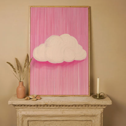 Pink Cloud Canvas with Striped Rose Ground in white oak floating frame