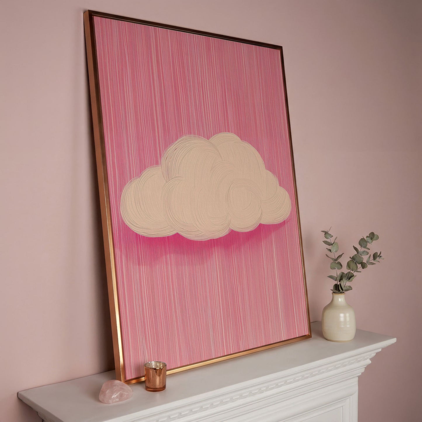 Pink Cloud Canvas with Striped Rose Ground in rose gold floating frame