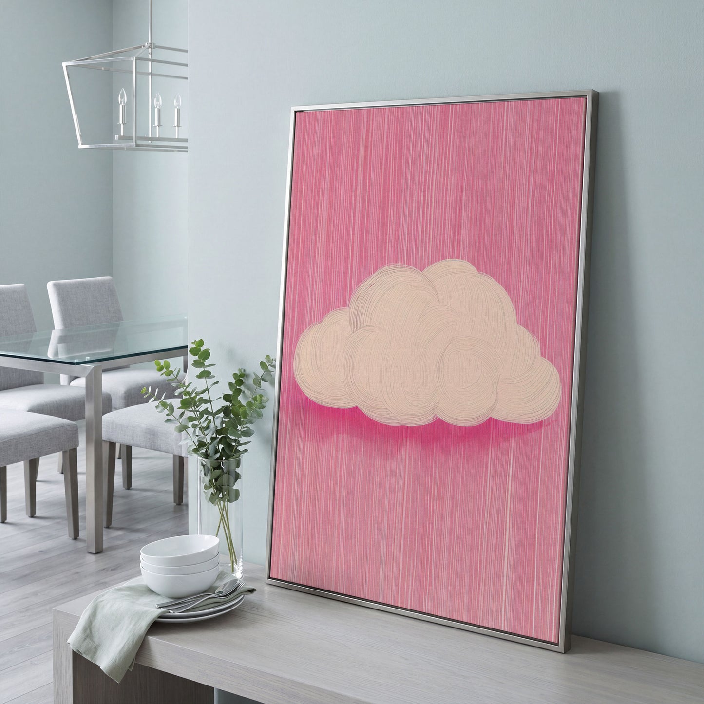 Pink Cloud Canvas with Striped Rose Ground in silver floating frame