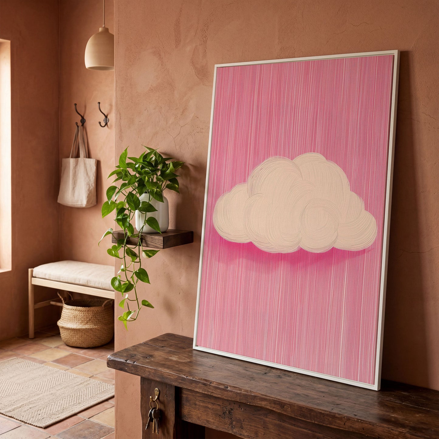 Pink Cloud Canvas with Striped Rose Ground in white floating frame