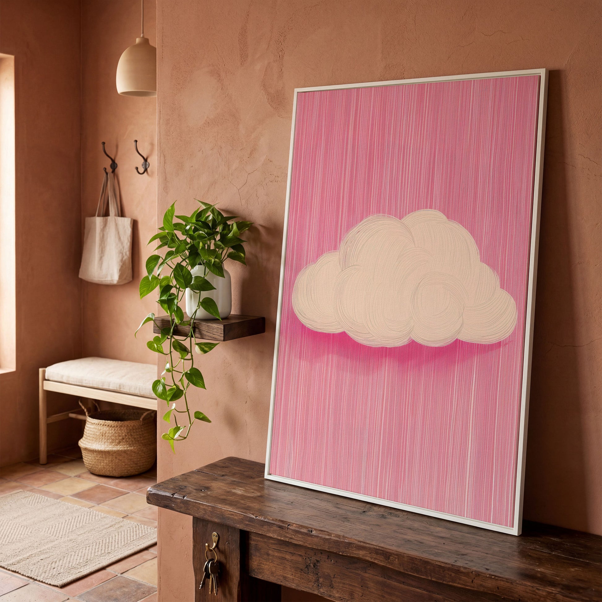 Pink Cloud Canvas with Striped Rose Ground in white floating frame