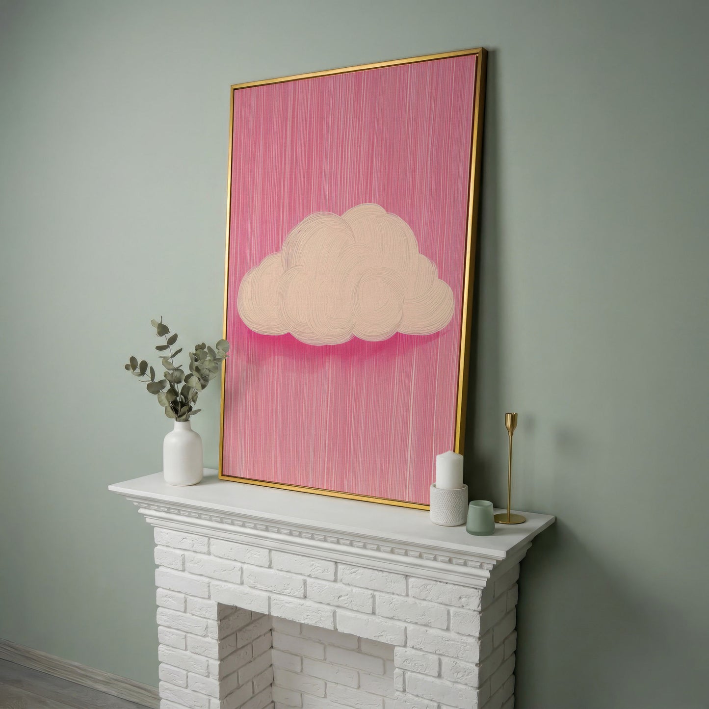 Pink Cloud Canvas with Striped Rose Ground in yellow gold floating frame
