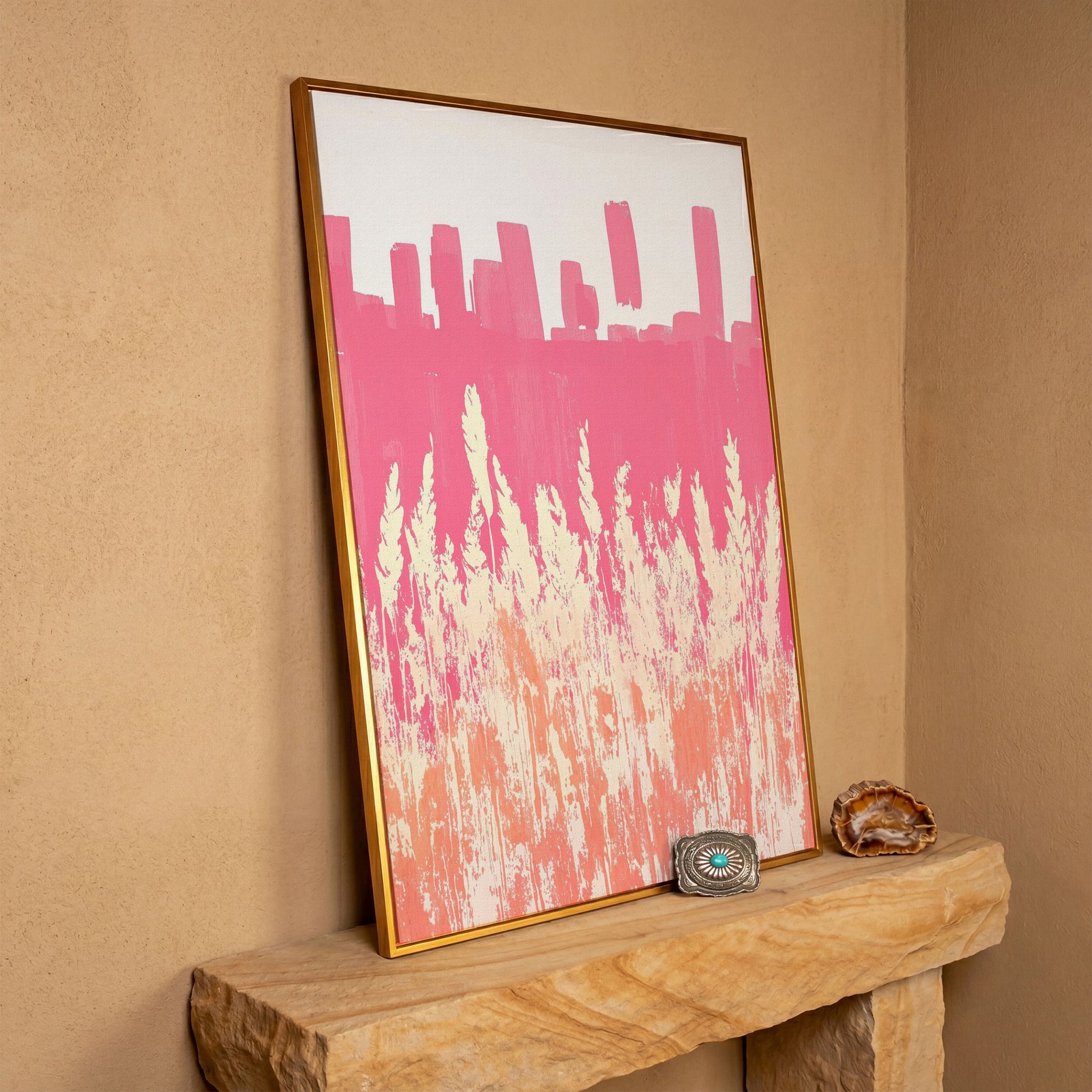 Pink Abstract Landscape Canvas Print in antique gold floating frame