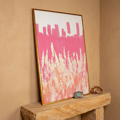 Pink Abstract Landscape Canvas Print in antique gold floating frame