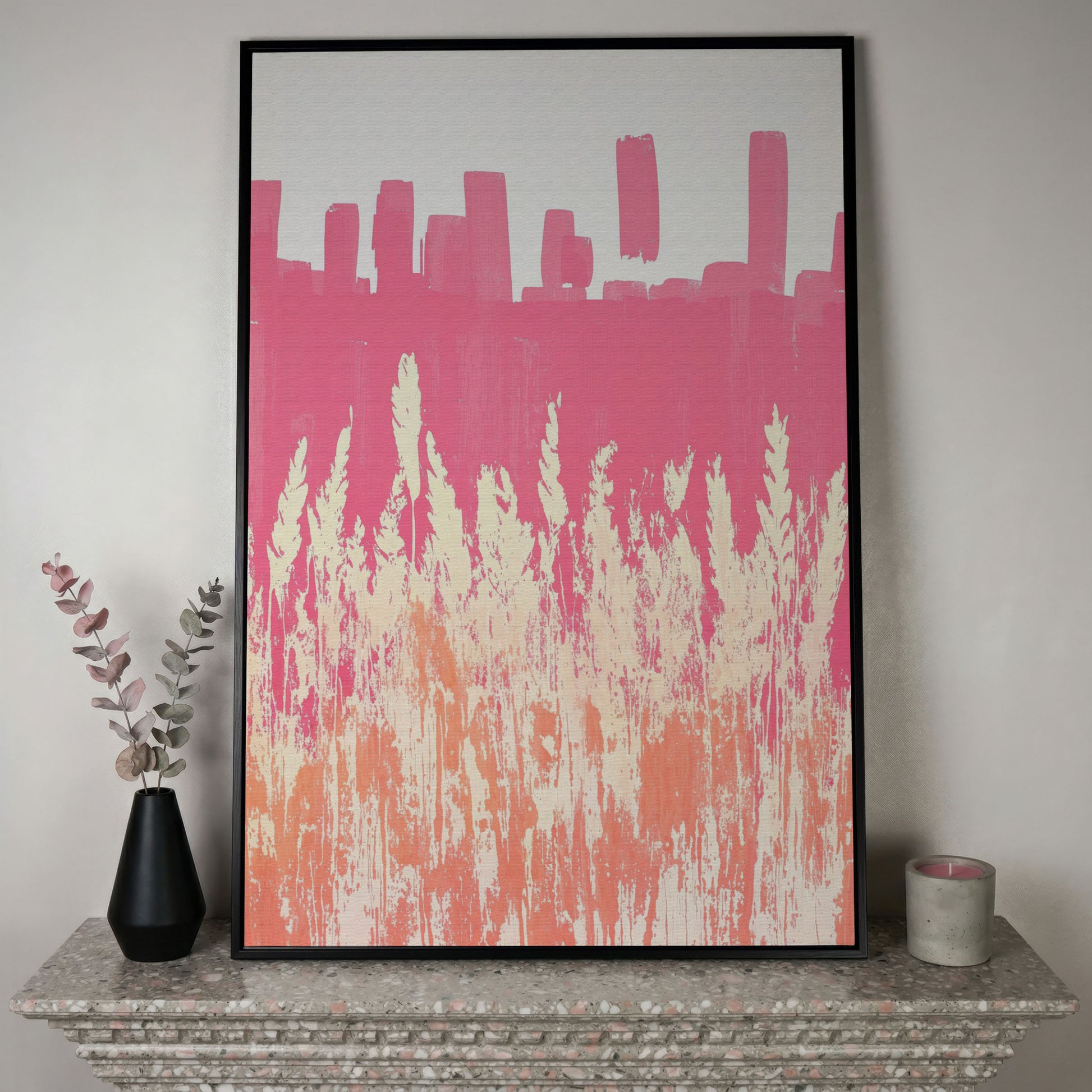 Pink Abstract Landscape Canvas Print in black floating frame