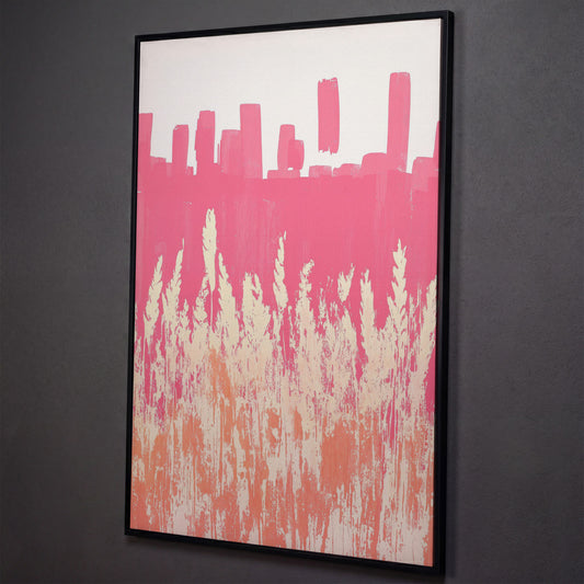 Pink Abstract Landscape Canvas Print shown in black floating frame