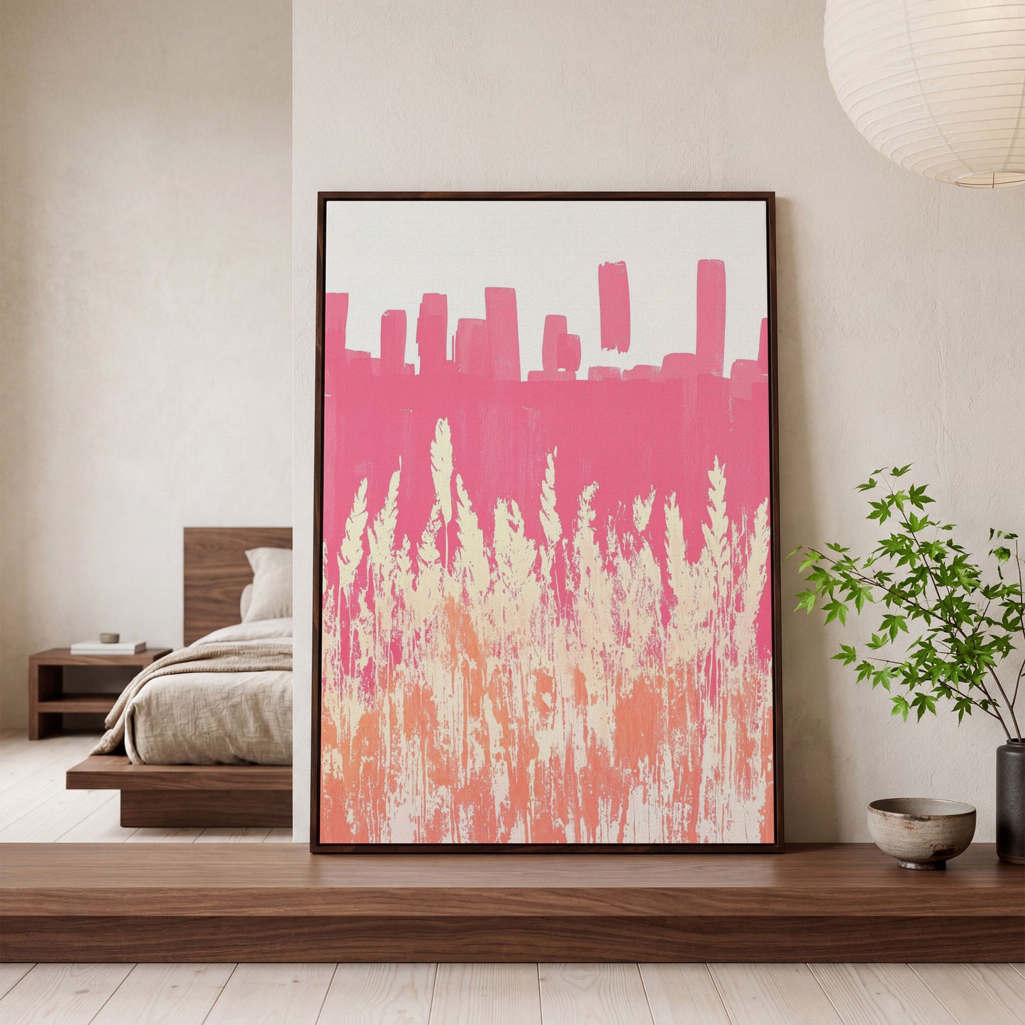 Pink Abstract Landscape Canvas Print in dark walnut floating frame