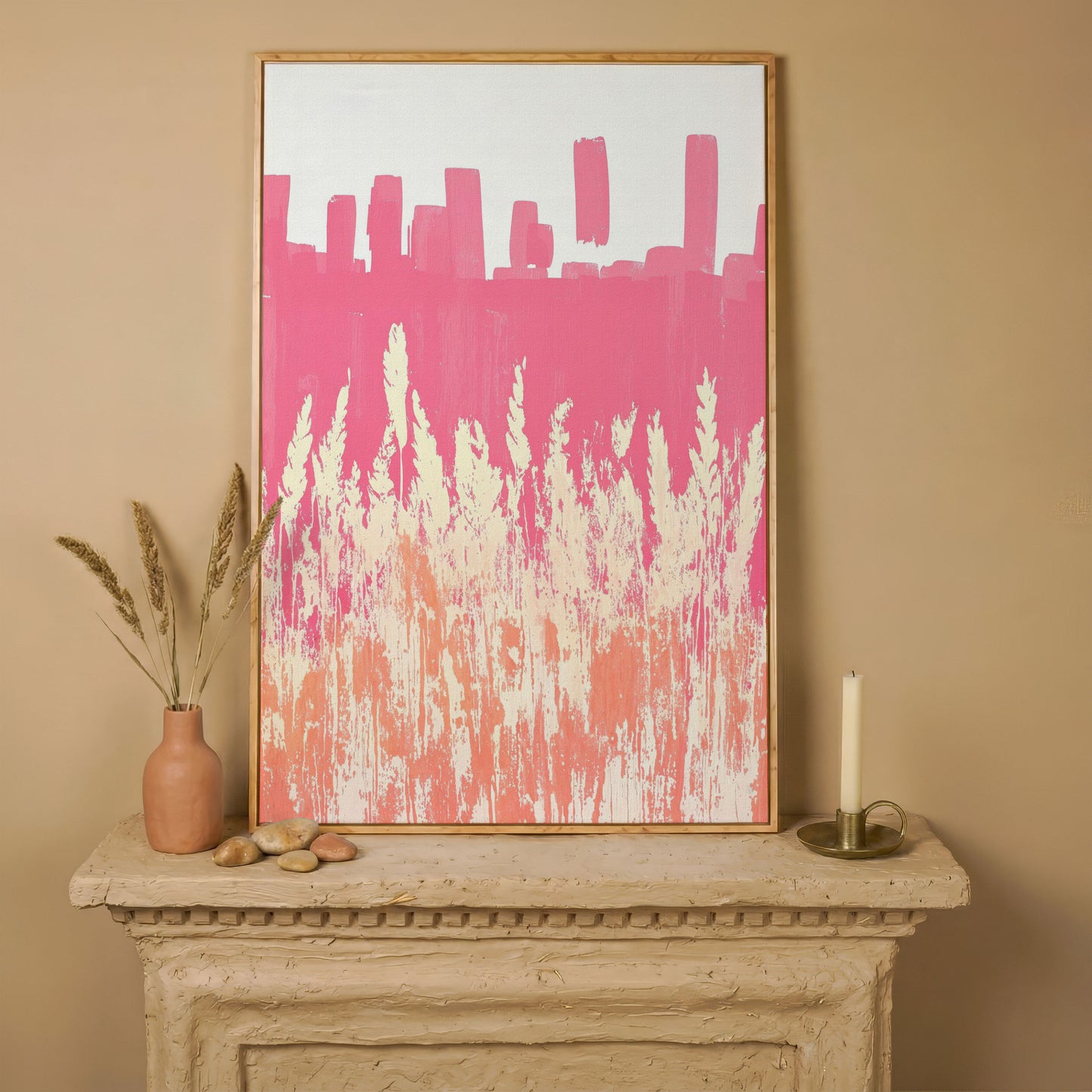 Pink Abstract Landscape Canvas Print in white oak floating frame