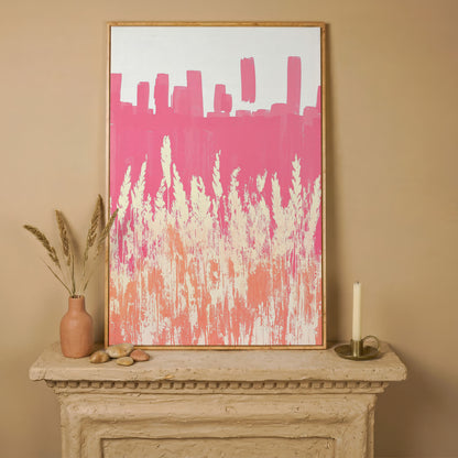 Pink Abstract Landscape Canvas Print in white oak floating frame