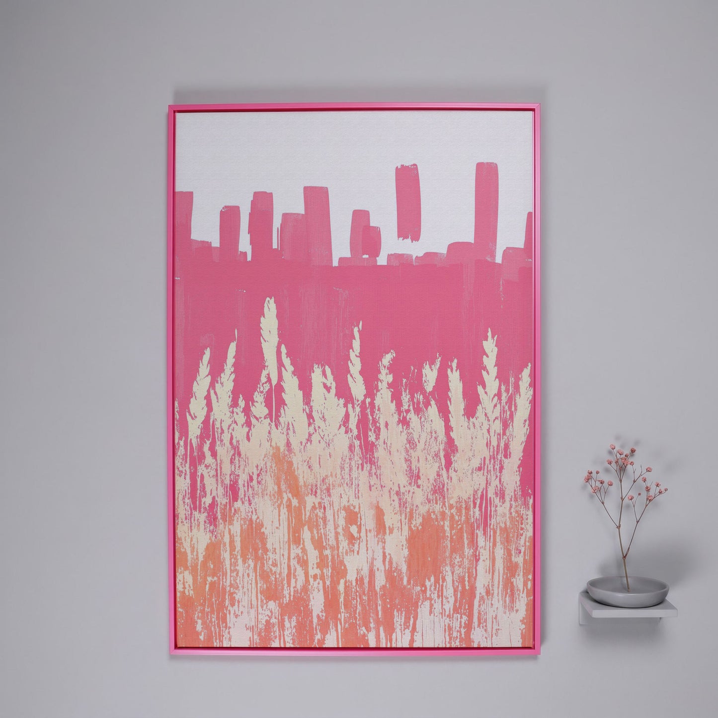 Pink Abstract Landscape Canvas Print in pink floating frame