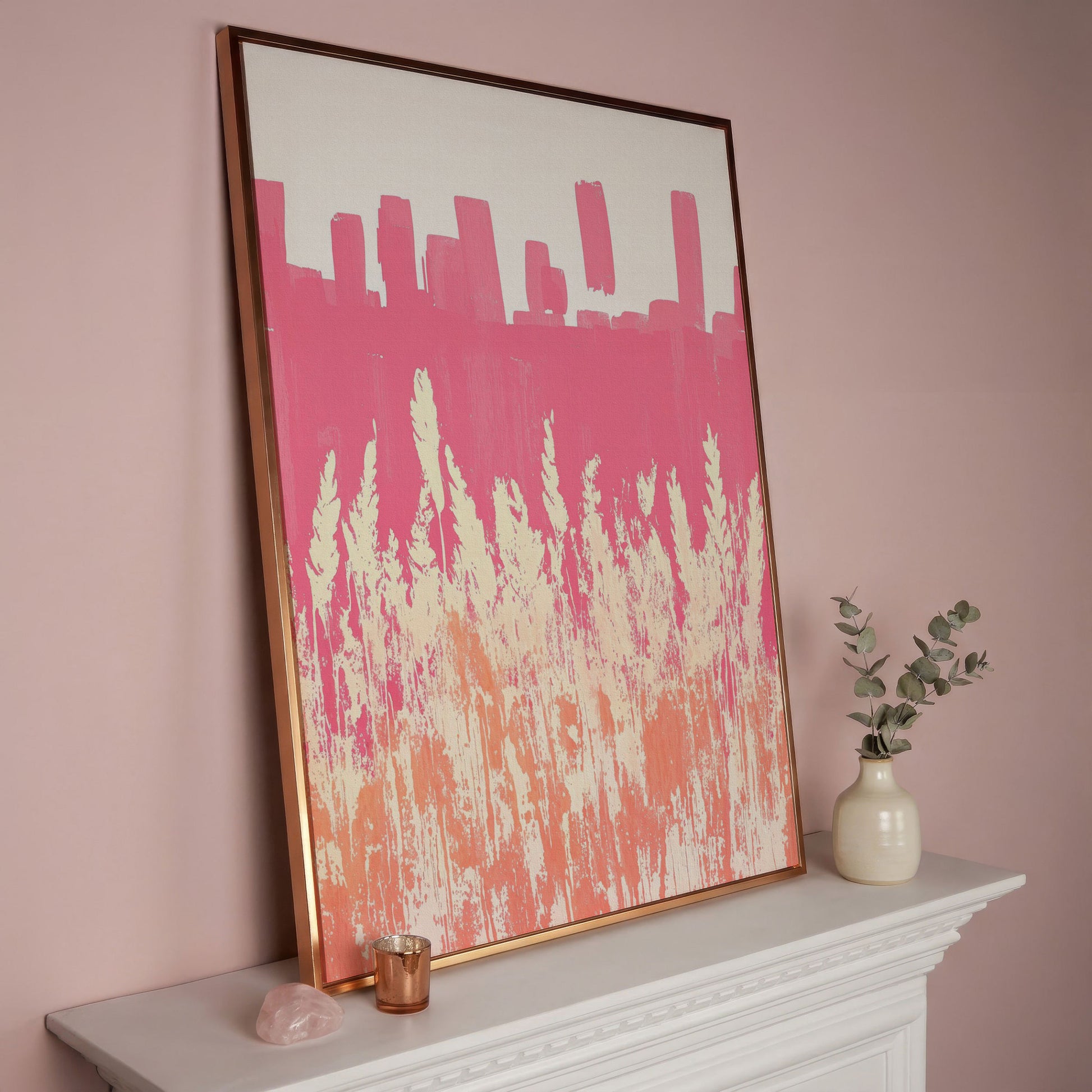 Pink Abstract Landscape Canvas Print in rose gold floating frame