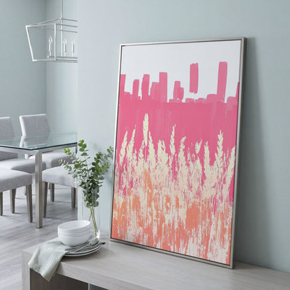 Pink Abstract Landscape Canvas Print in silver floating frame