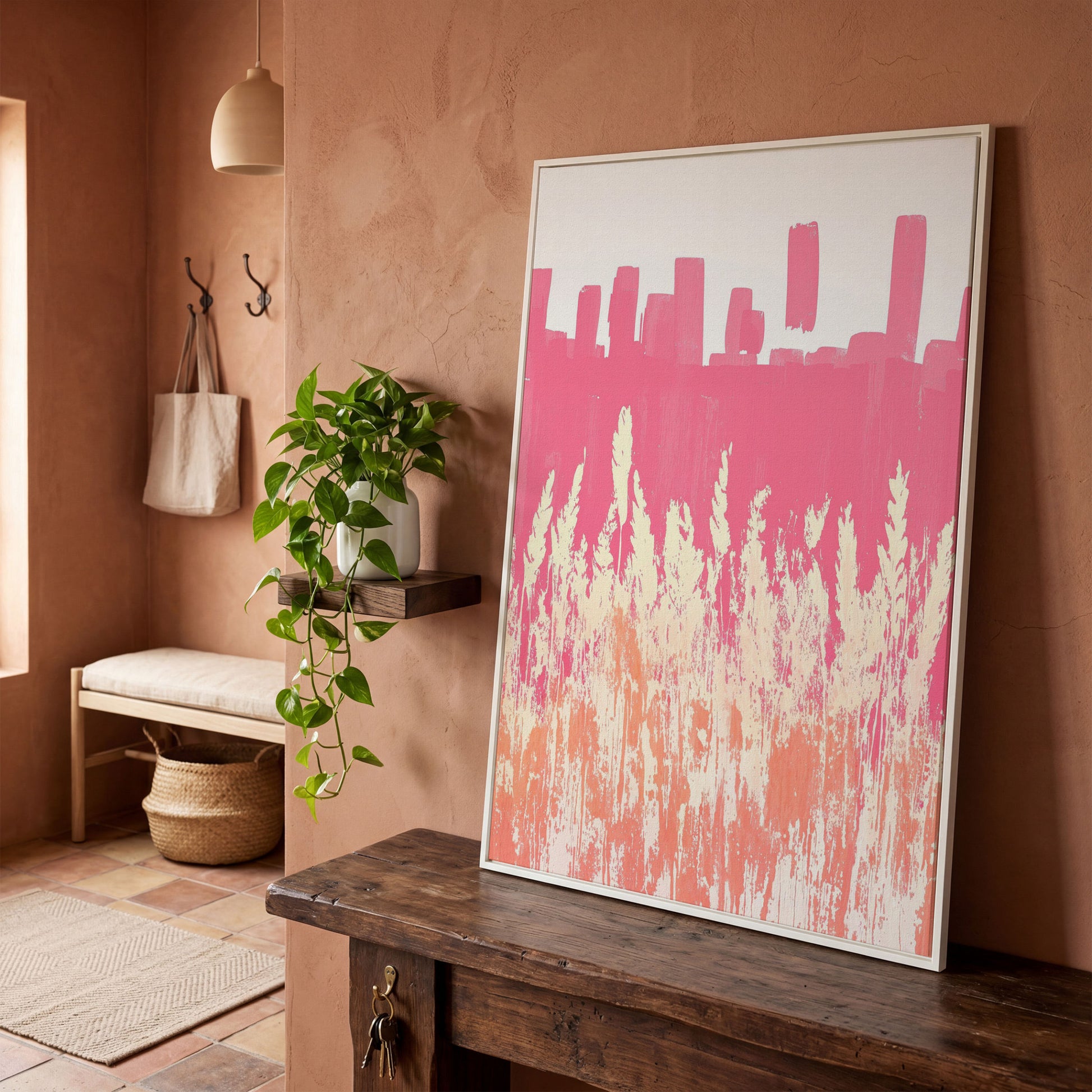 Pink Abstract Landscape Canvas Print in white floating frame