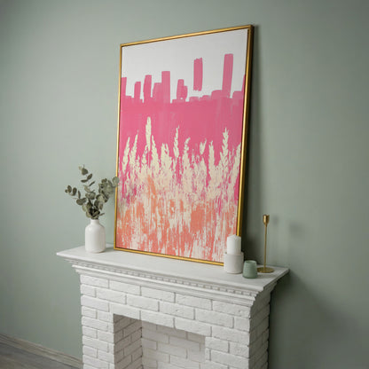 Pink Abstract Landscape Canvas Print in yellow gold floating frame