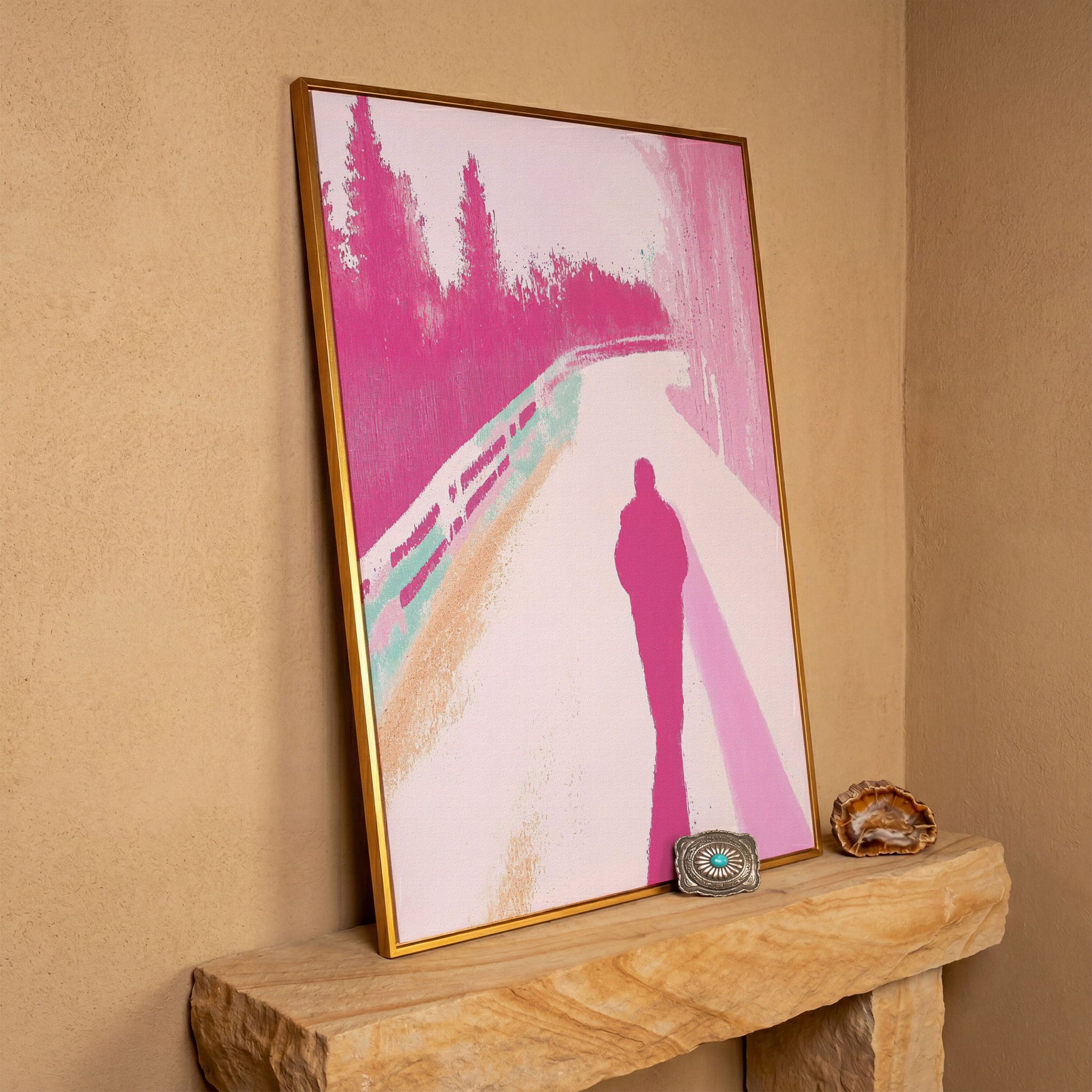 Pink Pathway Canvas Art with Silhouetted Figure in antique gold floating frame
