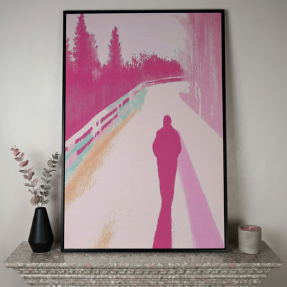 Pink Pathway Canvas Art with Silhouetted Figure in black floating frame