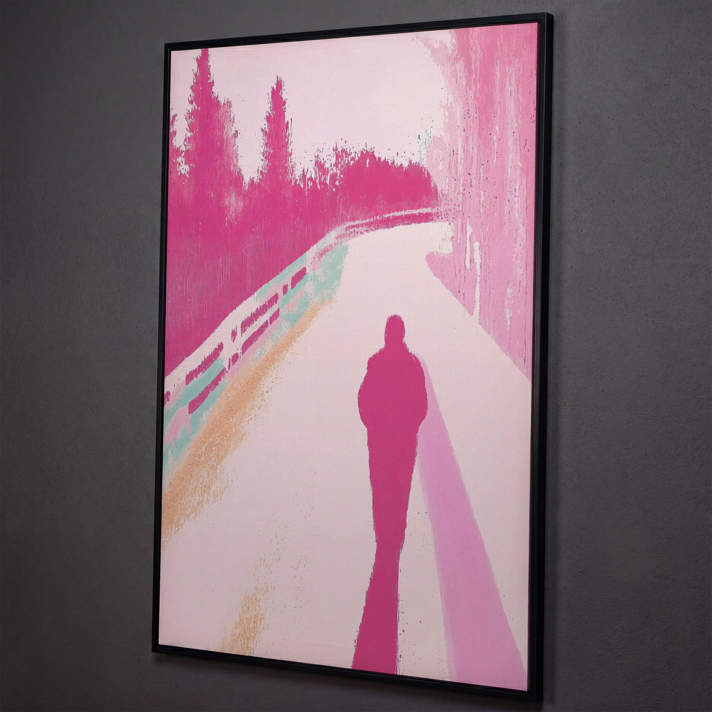 Pink Pathway Canvas Art with Silhouetted Figure shown in black floating frame