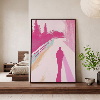 Pink Pathway Canvas Art with Silhouetted Figure in dark walnut floating frame