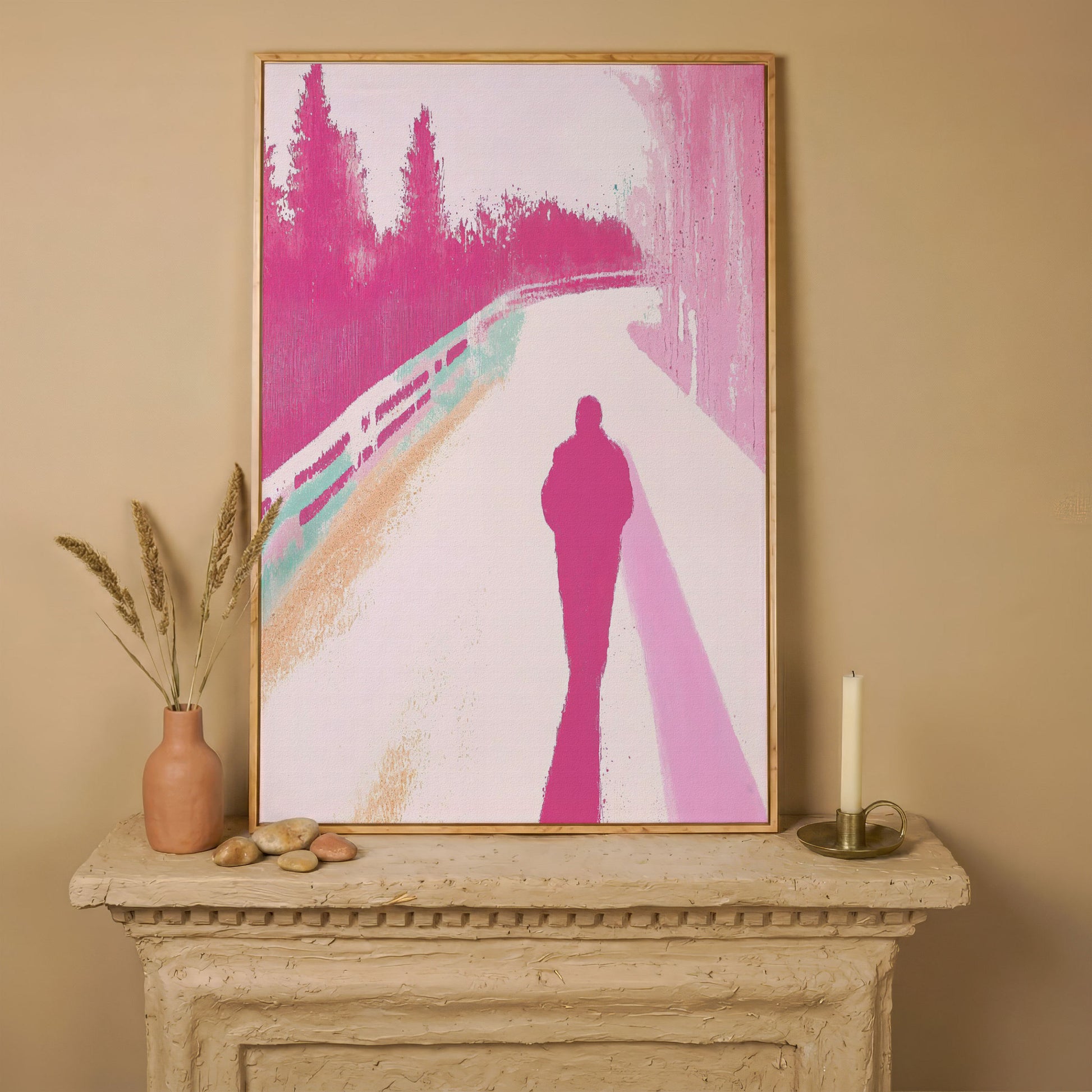 Pink Pathway Canvas Art with Silhouetted Figure in white oak floating frame