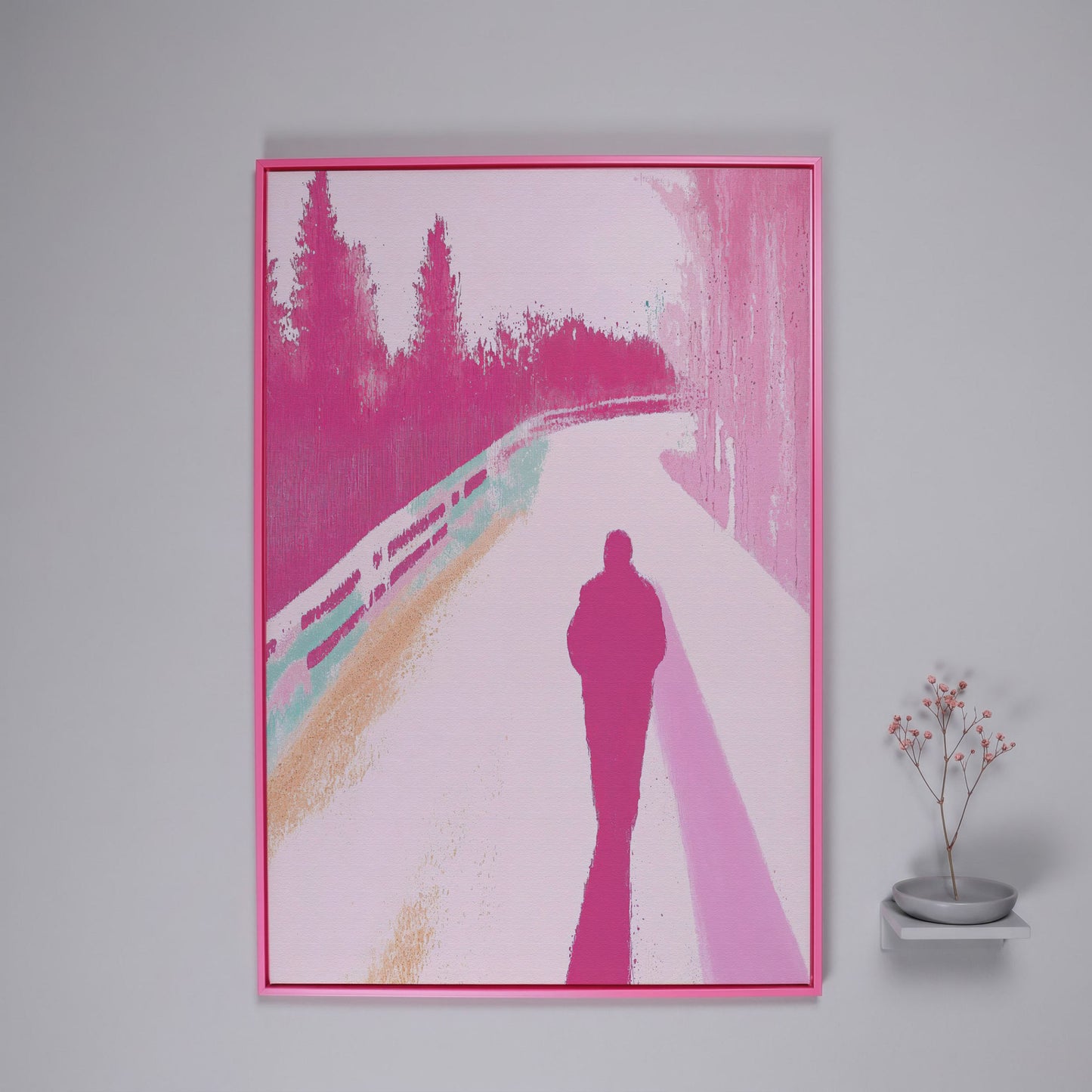 Pink Pathway Canvas Art with Silhouetted Figure in pink floating frame