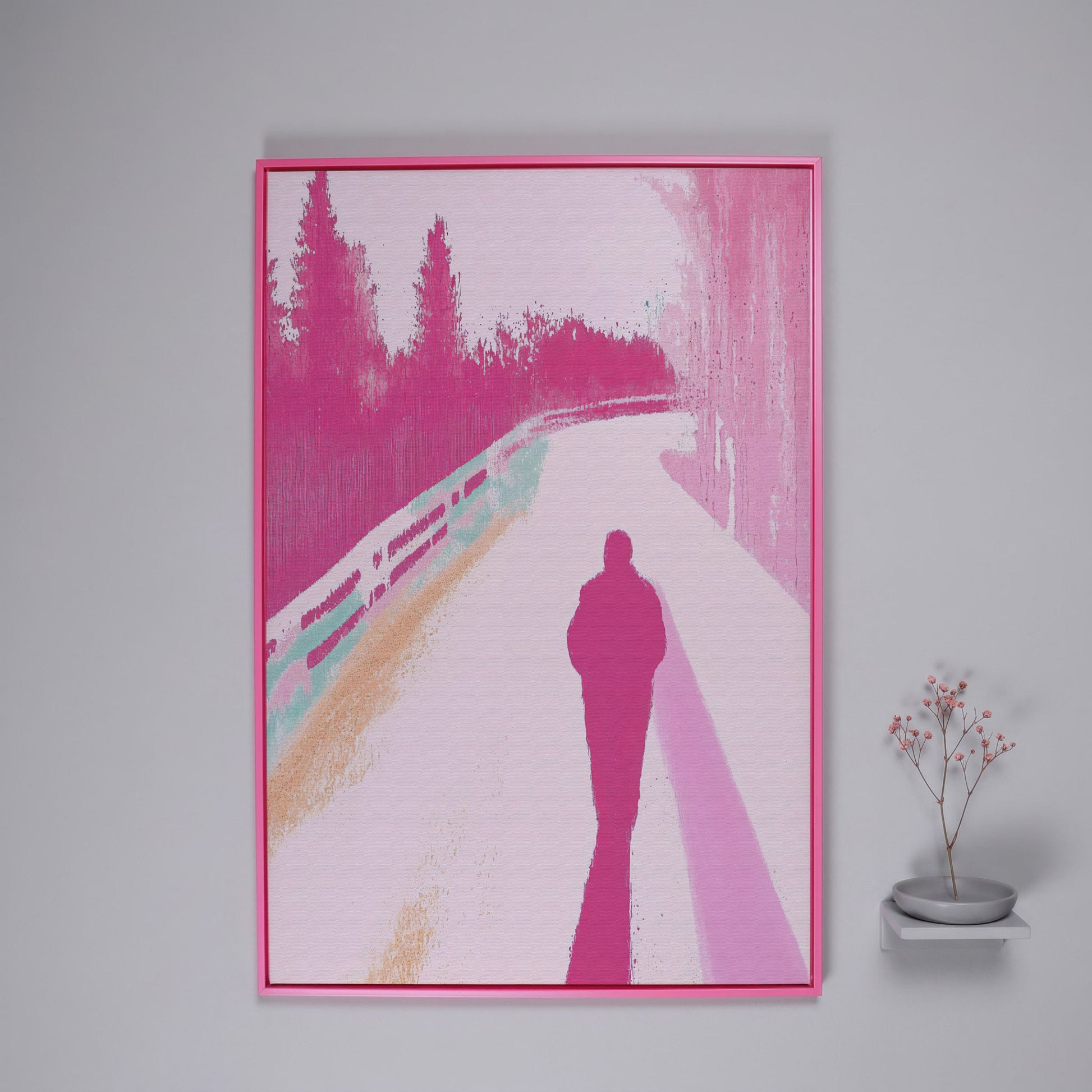 Pink Pathway Canvas Art with Silhouetted Figure in pink floating frame