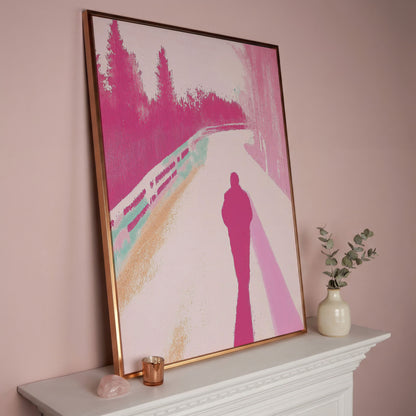 Pink Pathway Canvas Art with Silhouetted Figure in rose gold floating frame