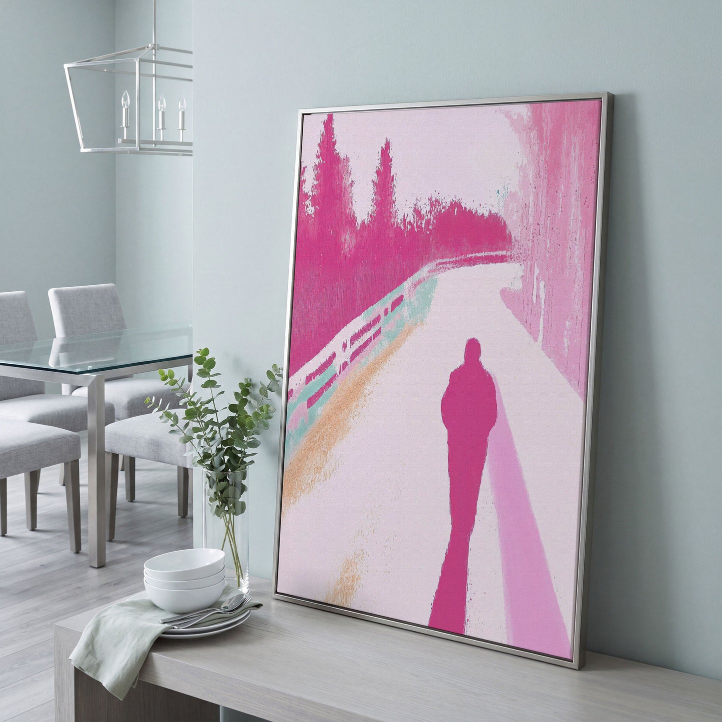 Pink Pathway Canvas Art with Silhouetted Figure in silver floating frame