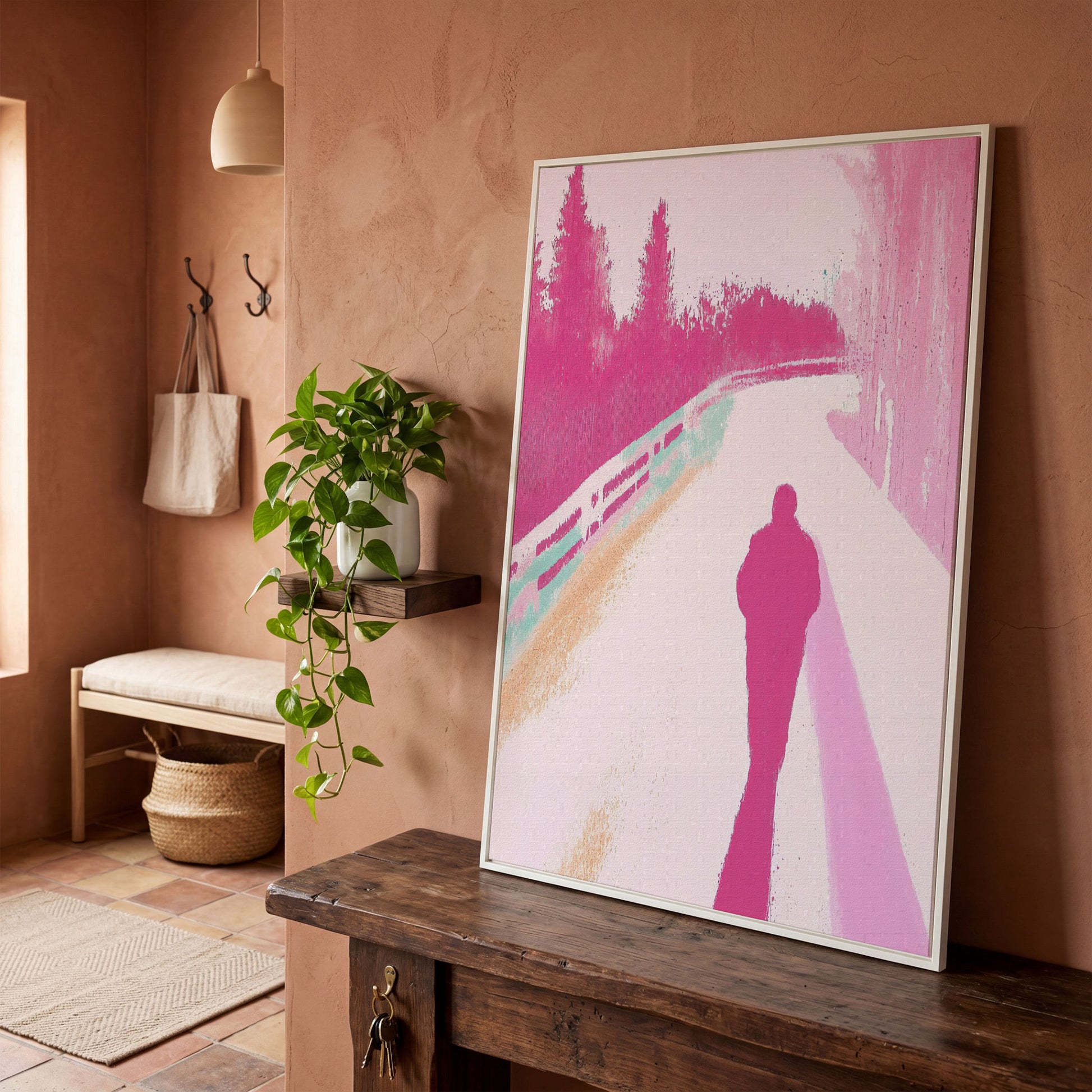 Pink Pathway Canvas Art with Silhouetted Figure in white floating frame