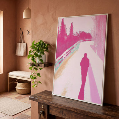 Pink Pathway Canvas Art with Silhouetted Figure in white floating frame