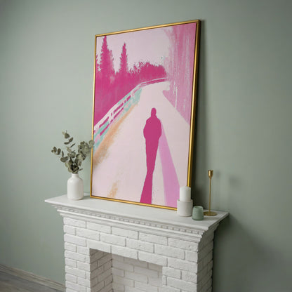 Pink Pathway Canvas Art with Silhouetted Figure in yellow gold floating frame