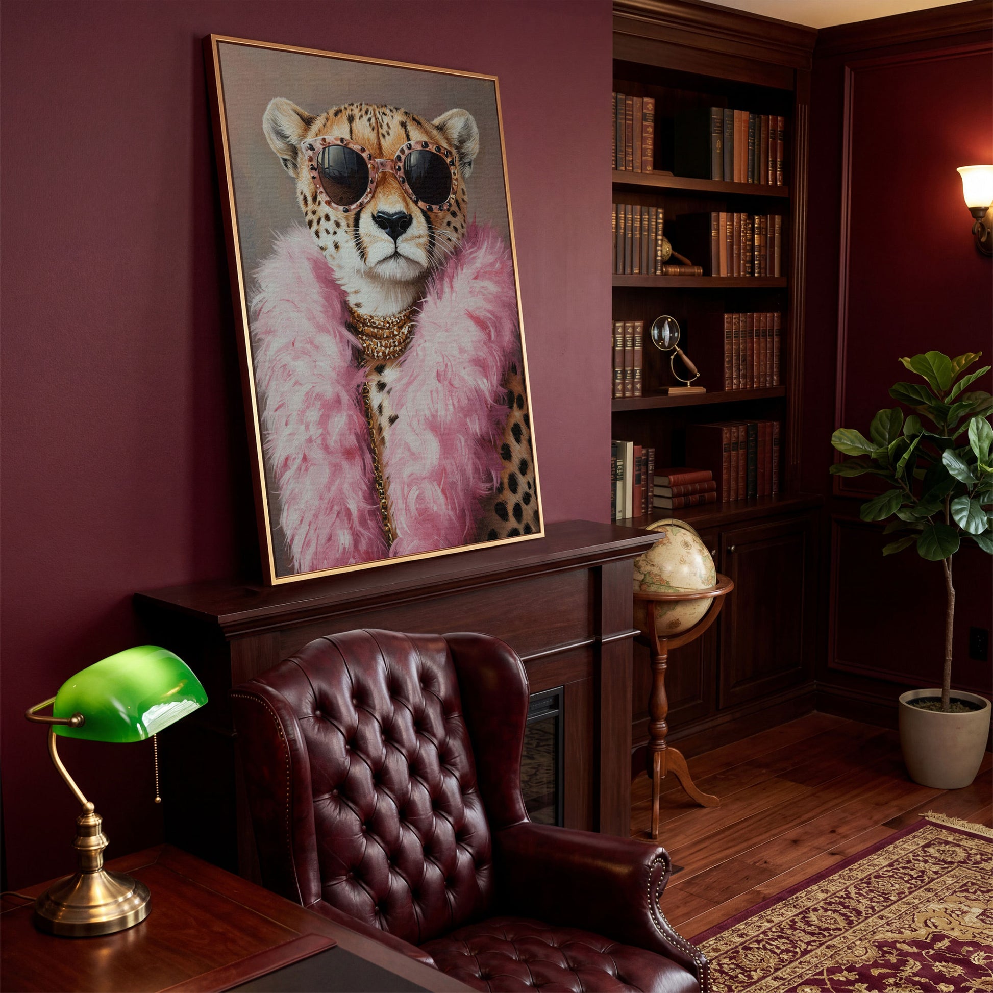 Leopard in Pink Boa and Sunglasses Canvas Print in antique gold floating frame