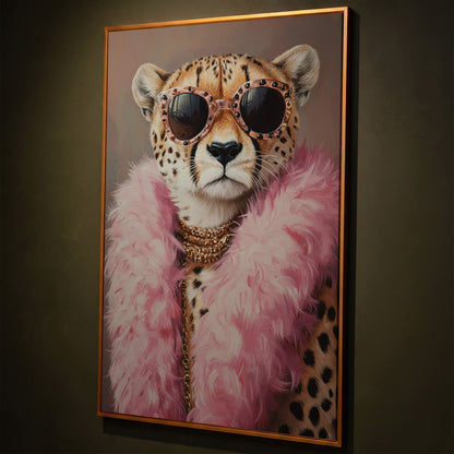 Leopard in Pink Boa and Sunglasses Canvas Print shown in antique gold floating frame