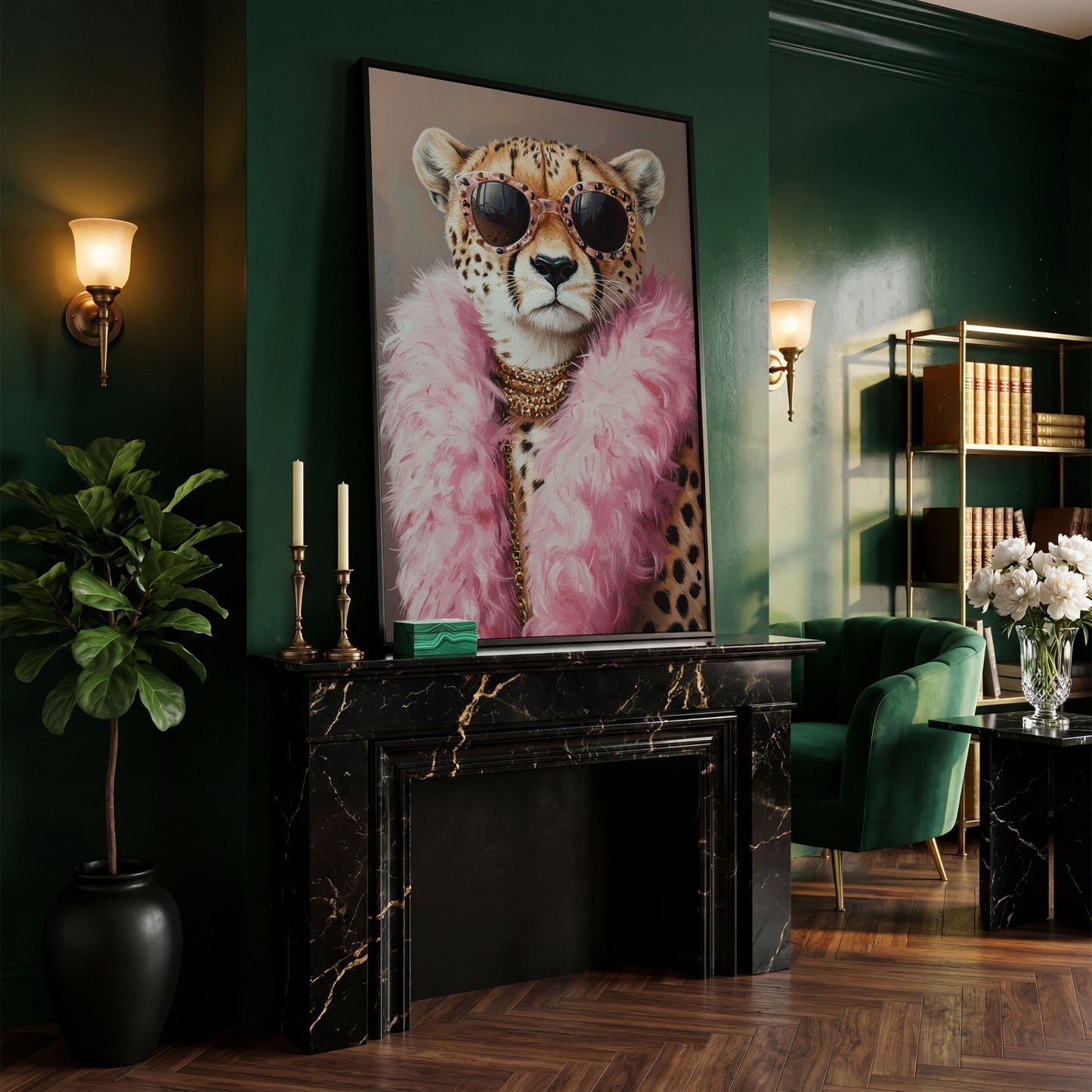 Leopard in Pink Boa and Sunglasses Canvas Print in black floating frame