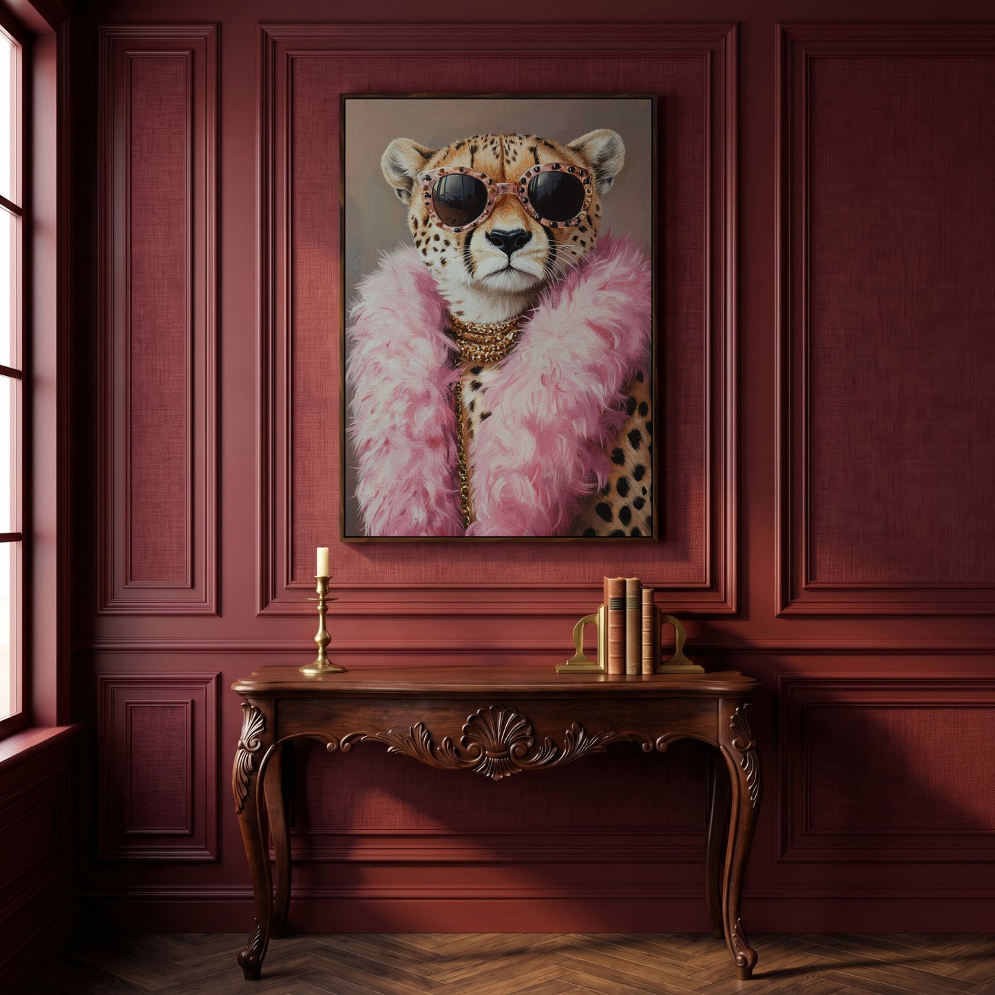 Leopard in Pink Boa and Sunglasses Canvas Print in dark walnut floating frame