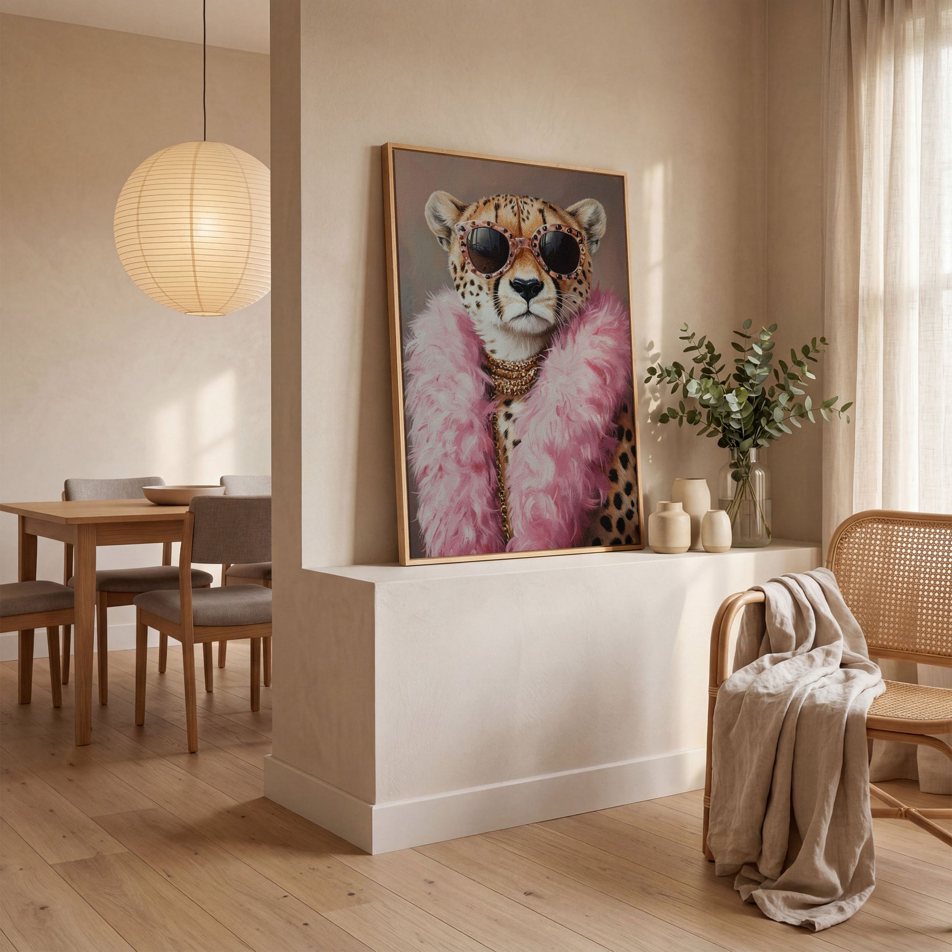 Leopard in Pink Boa and Sunglasses Canvas Print in white oak floating frame