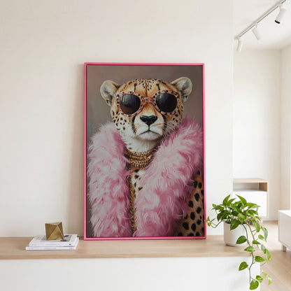 Leopard in Pink Boa and Sunglasses Canvas Print in pink floating frame