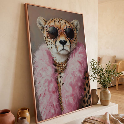 Leopard in Pink Boa and Sunglasses Canvas Print in rose gold floating frame