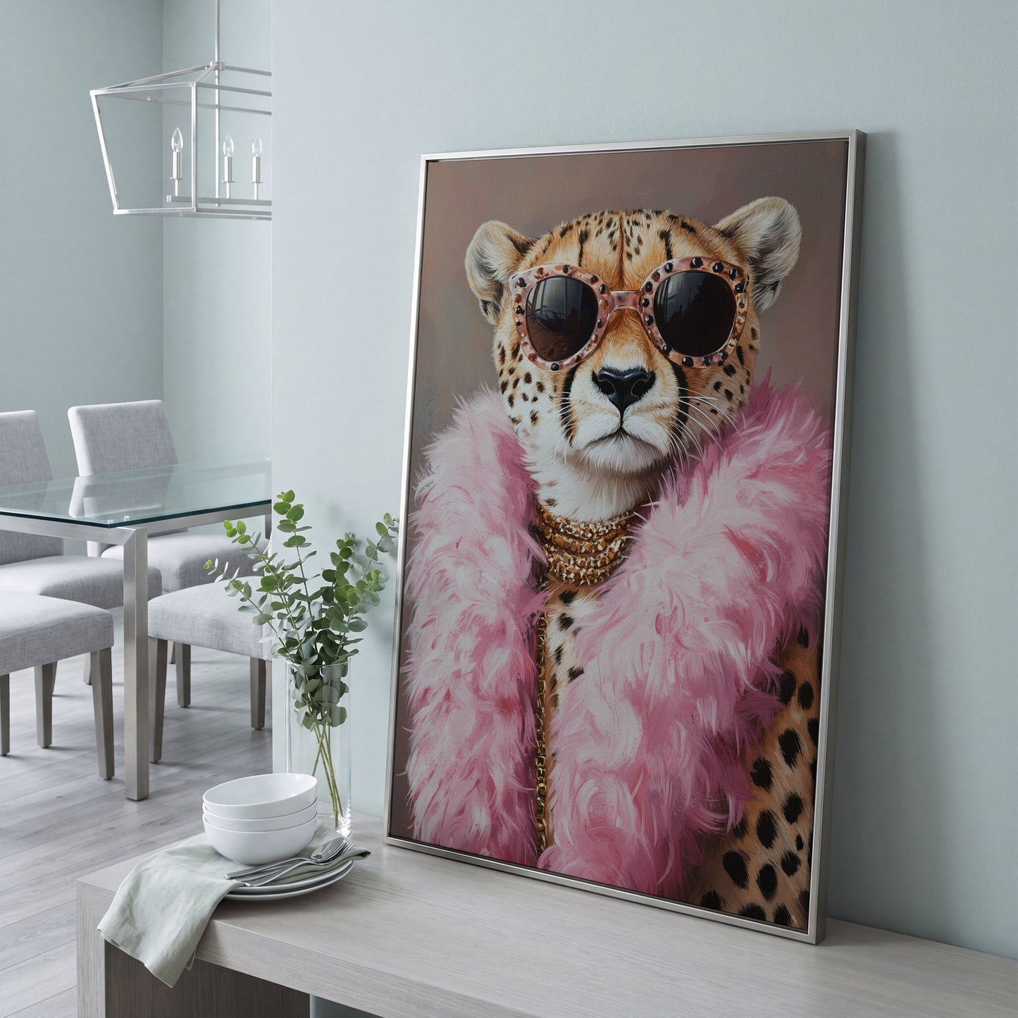 Leopard in Pink Boa and Sunglasses Canvas Print in silver floating frame