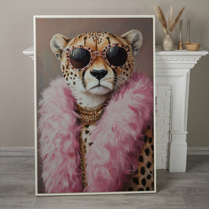 Leopard in Pink Boa and Sunglasses Canvas Print in white floating frame